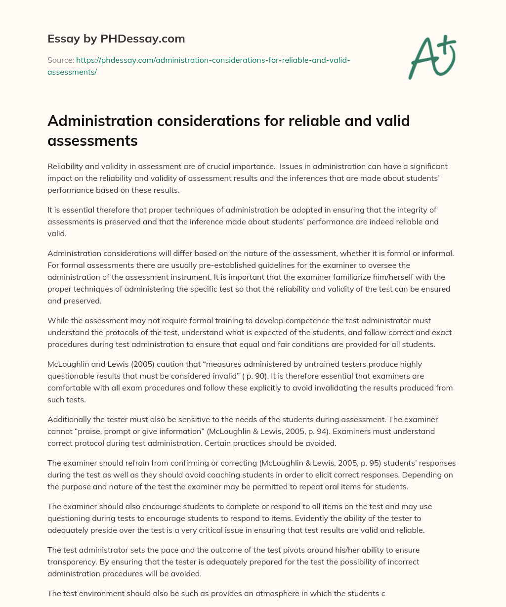 Administration considerations for reliable and valid assessments essay