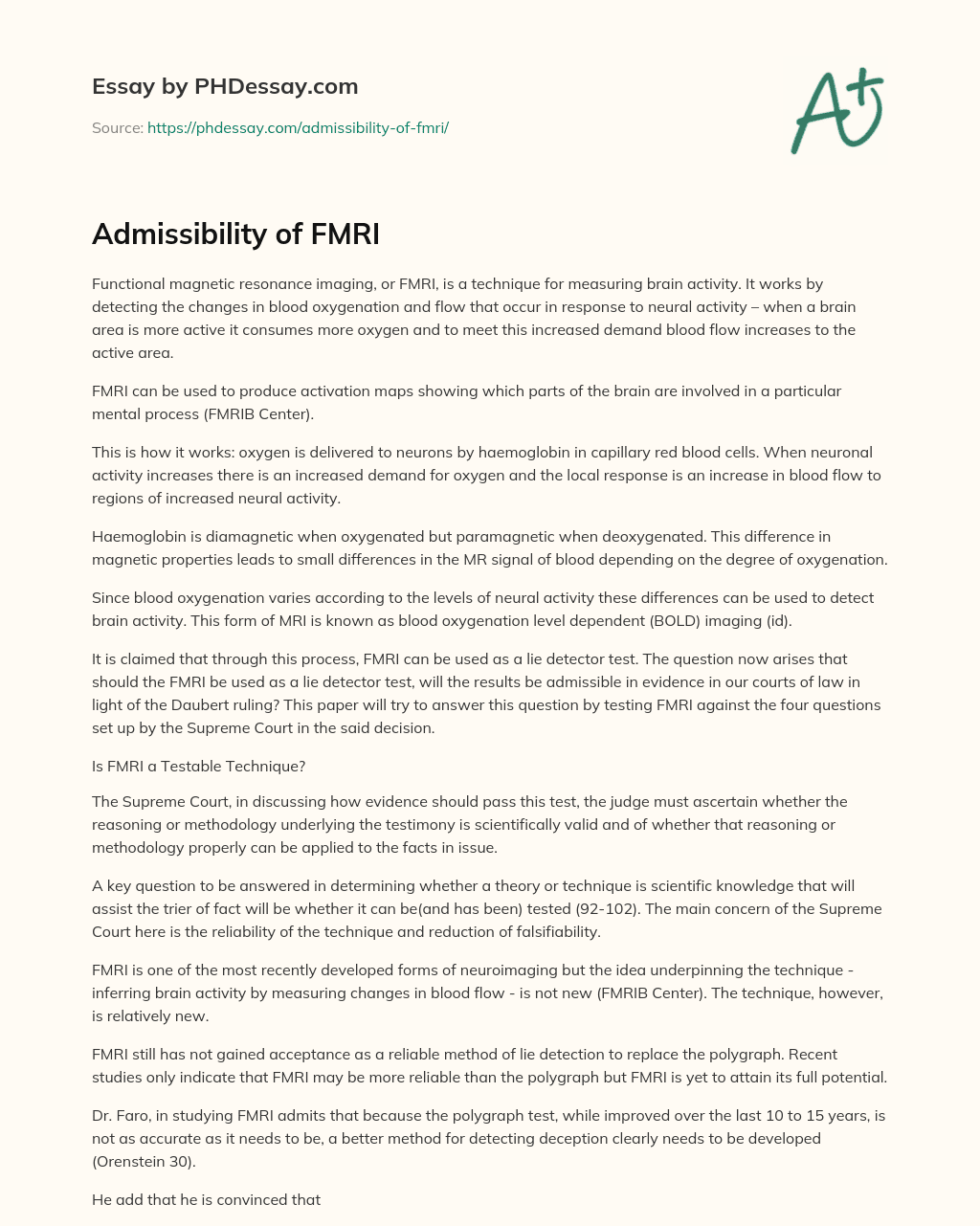 Admissibility of FMRI essay