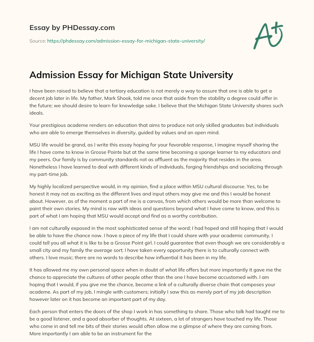 Admission Essay for Michigan State University essay