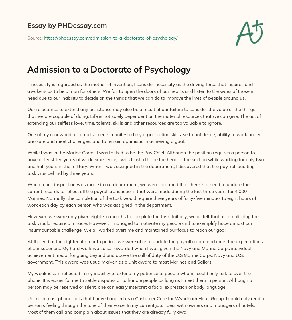 Admission to a Doctorate of Psychology essay