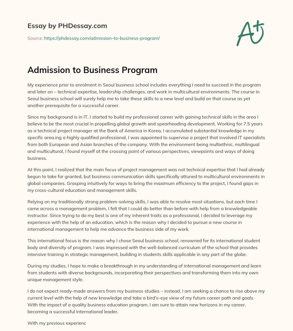 Admission to Business Program essay