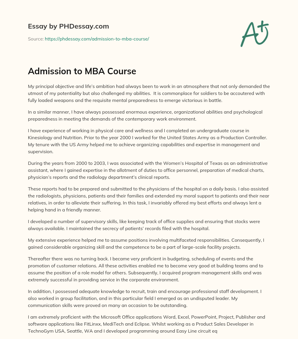 Admission to MBA Course essay