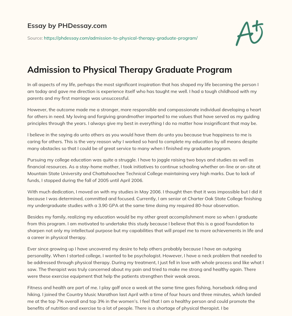 Admission to Physical Therapy Graduate Program essay