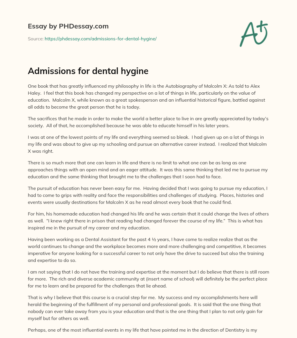 Admissions for dental hygine essay