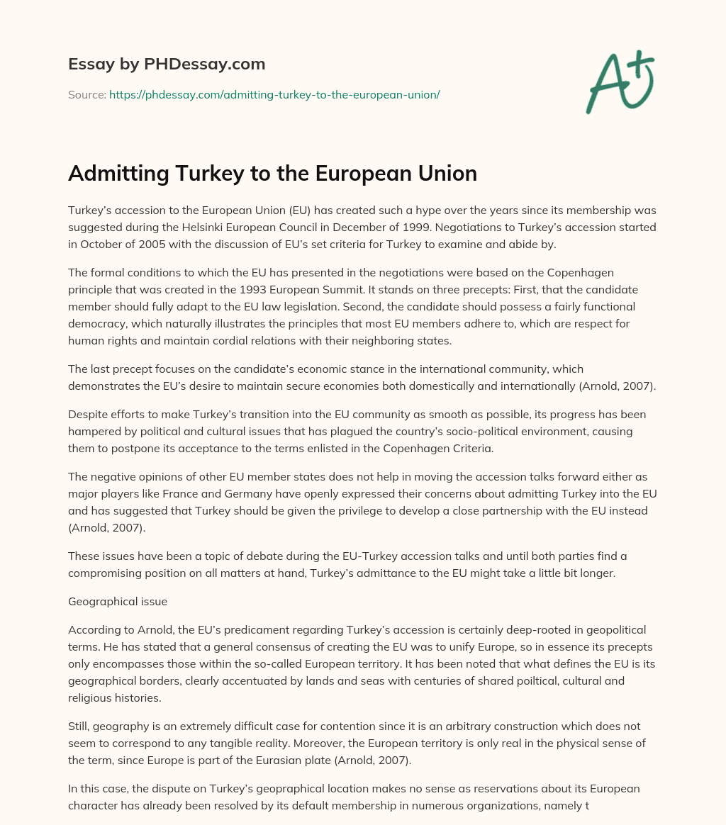 Admitting Turkey to the European Union essay