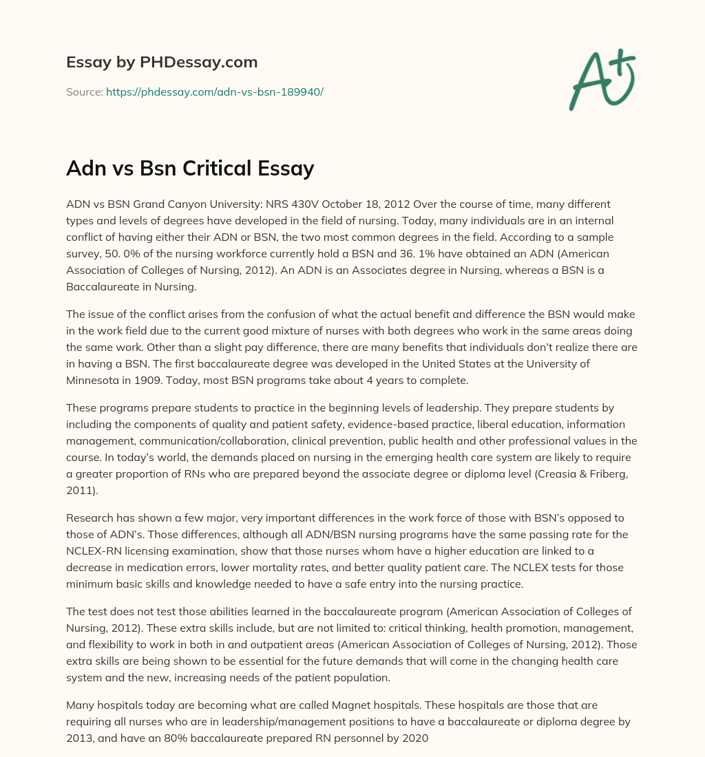 Adn vs Bsn Critical Essay essay