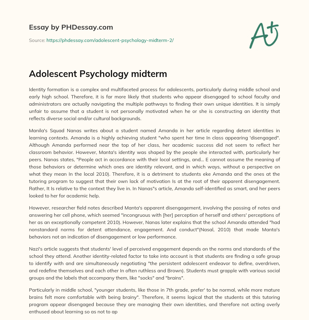 Adolescent Psychology midterm essay