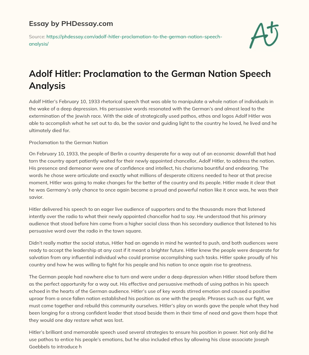 Adolf Hitler: Proclamation to the German Nation Speech Analysis essay