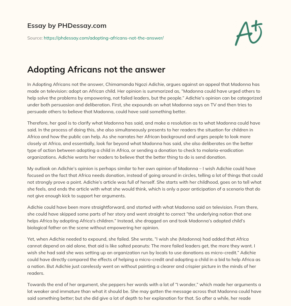 Adopting Africans not the answer essay
