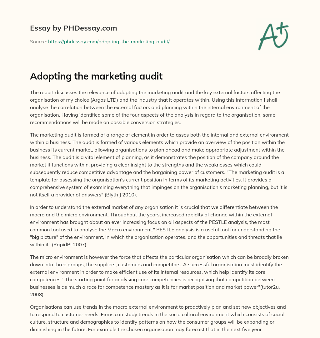 Adopting the marketing audit essay