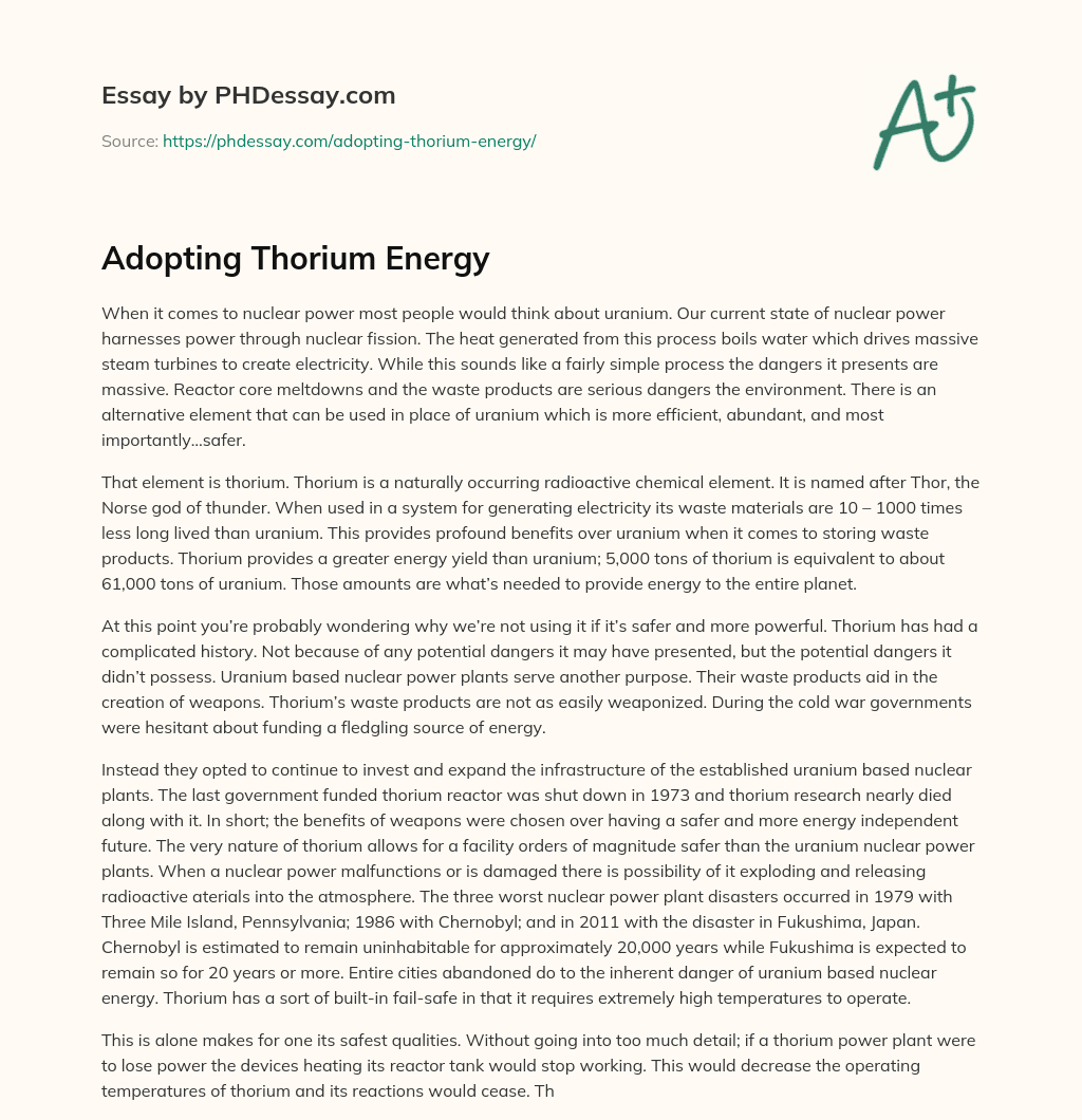 Adopting Thorium Energy essay