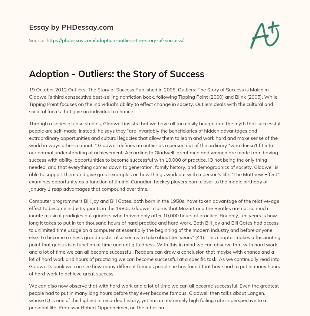 Adoption – Outliers: the Story of Success essay