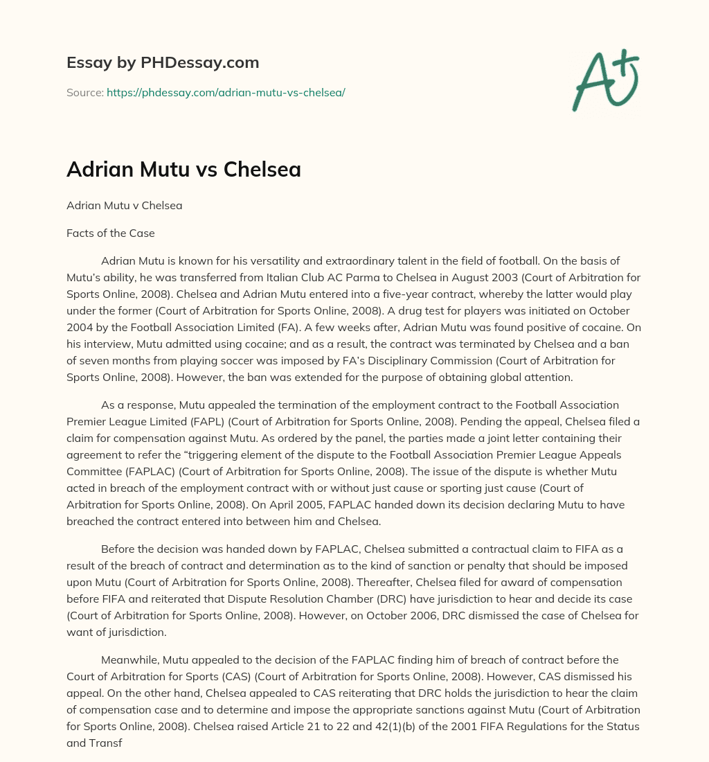 Adrian Mutu vs Chelsea essay