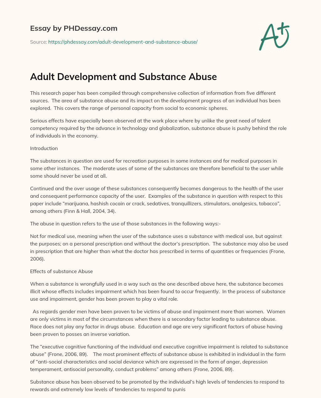 Adult Development and Substance Abuse essay