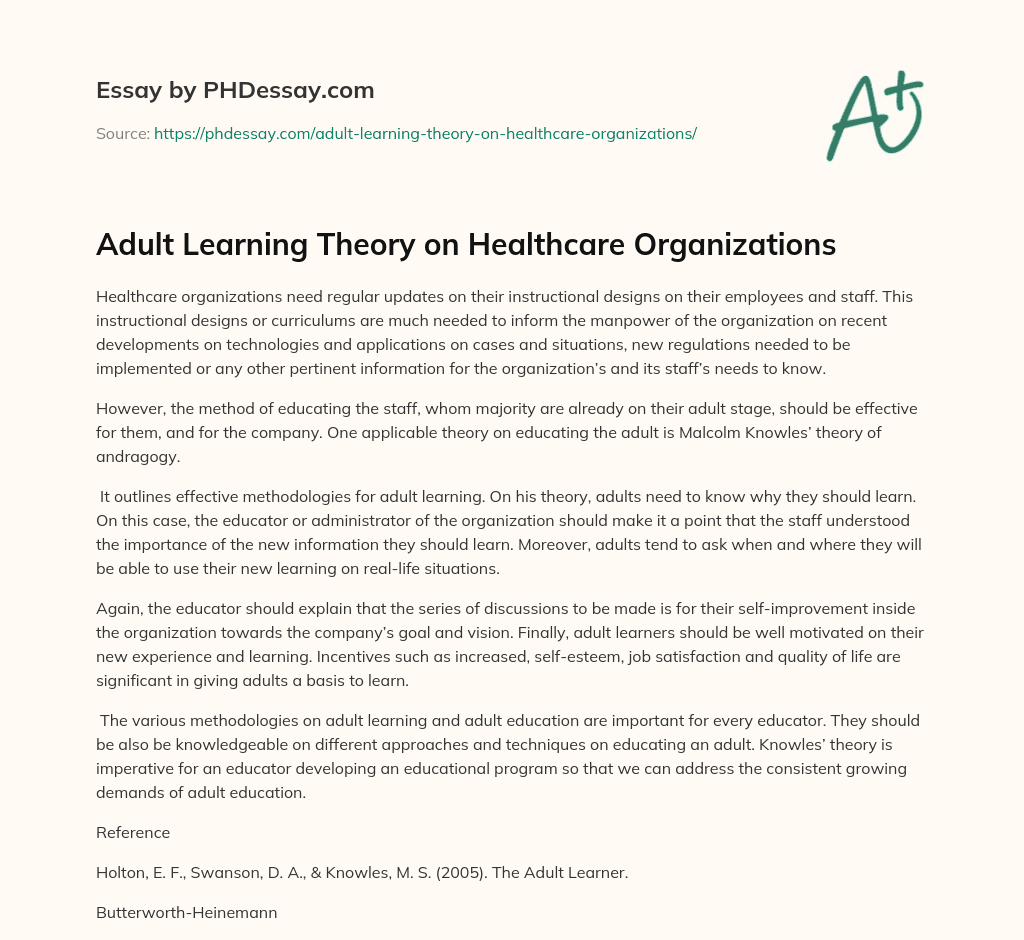 Adult Learning Theory on Healthcare Organizations essay