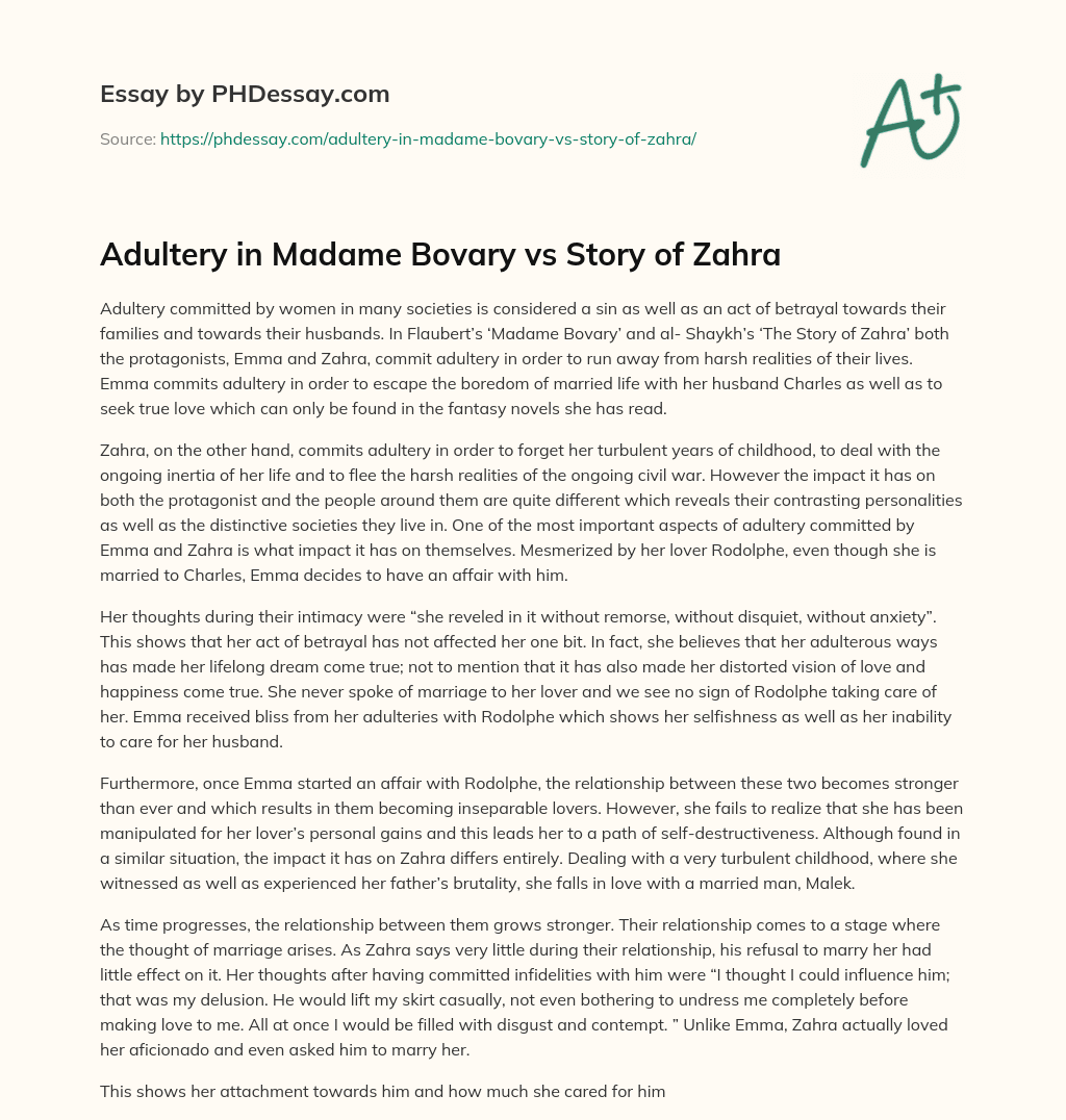 Adultery in Madame Bovary vs Story of Zahra essay