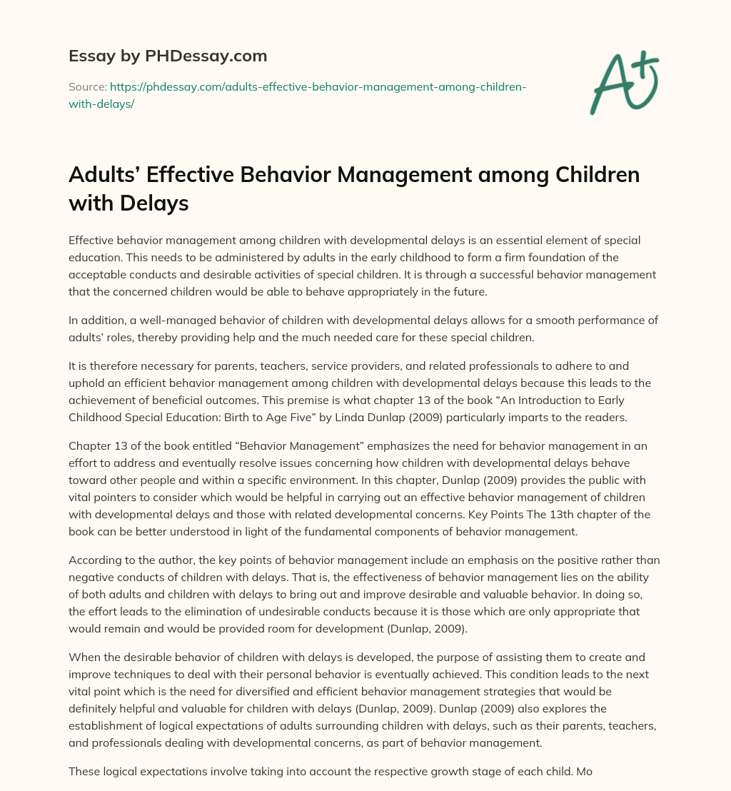 Adults’ Effective Behavior Management among Children with Delays essay