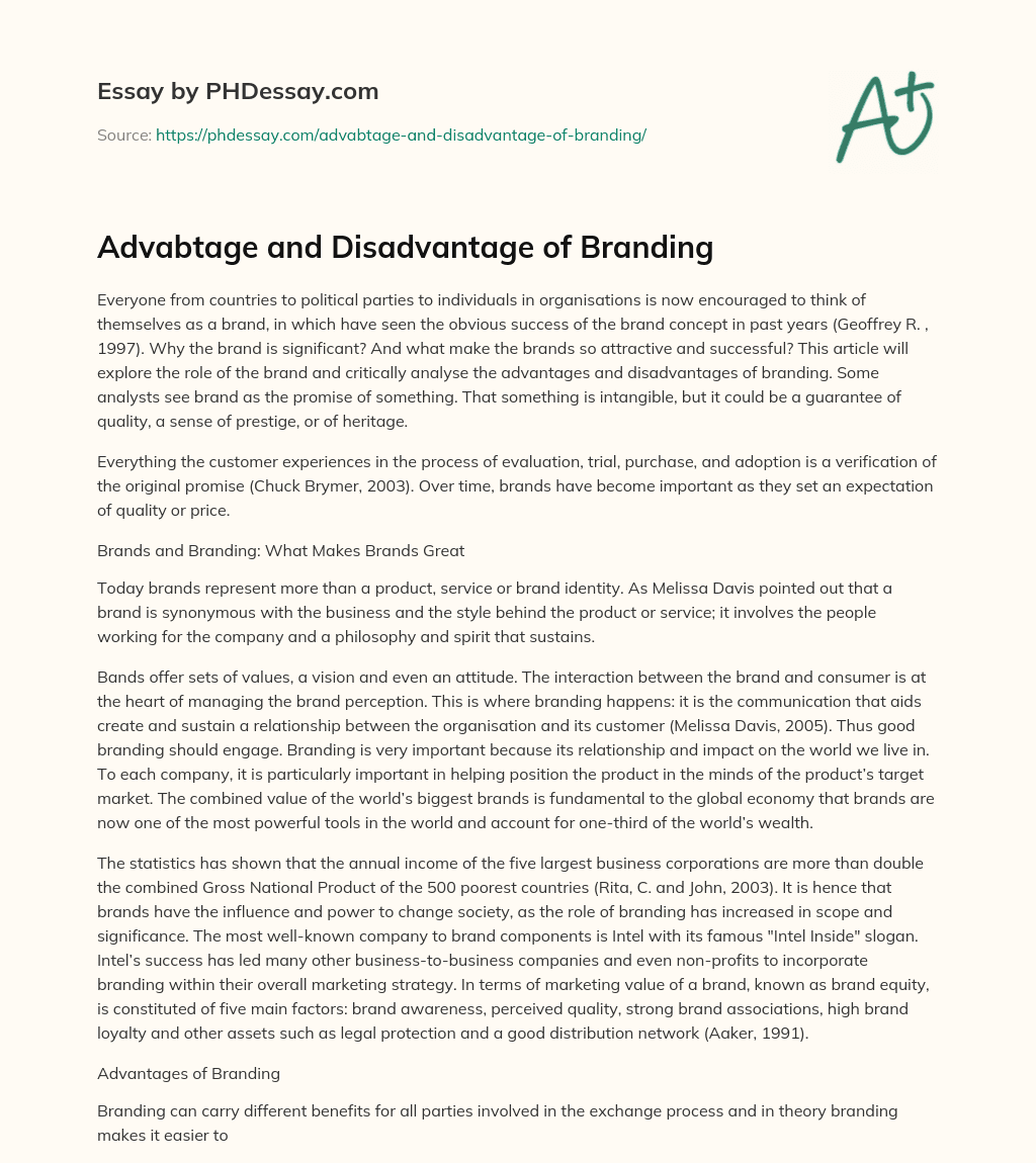 Advabtage and Disadvantage of Branding essay