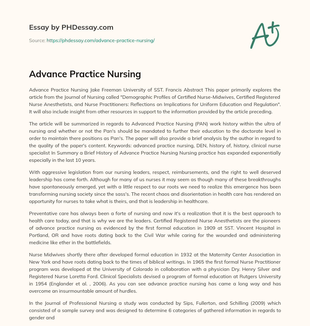 Advance Practice Nursing essay