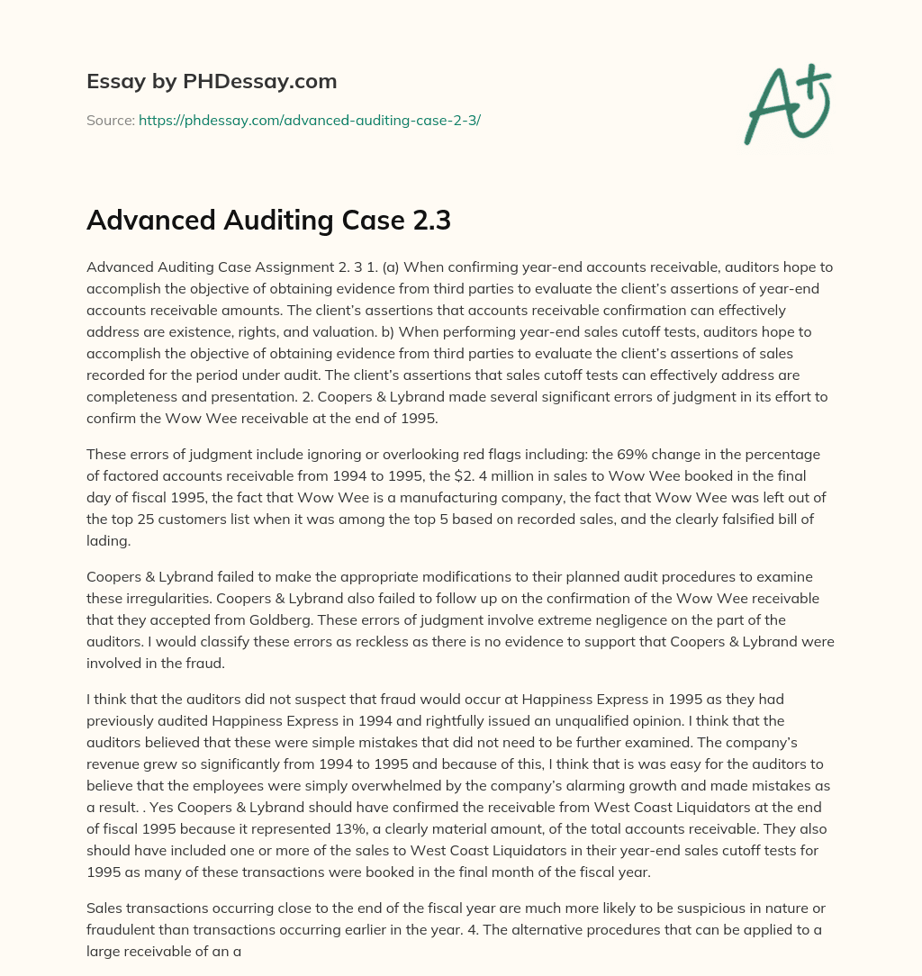 Advanced Auditing Case 2.3 essay