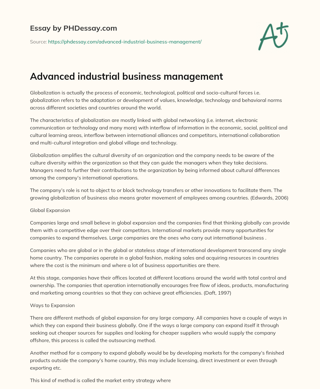Advanced industrial business management essay
