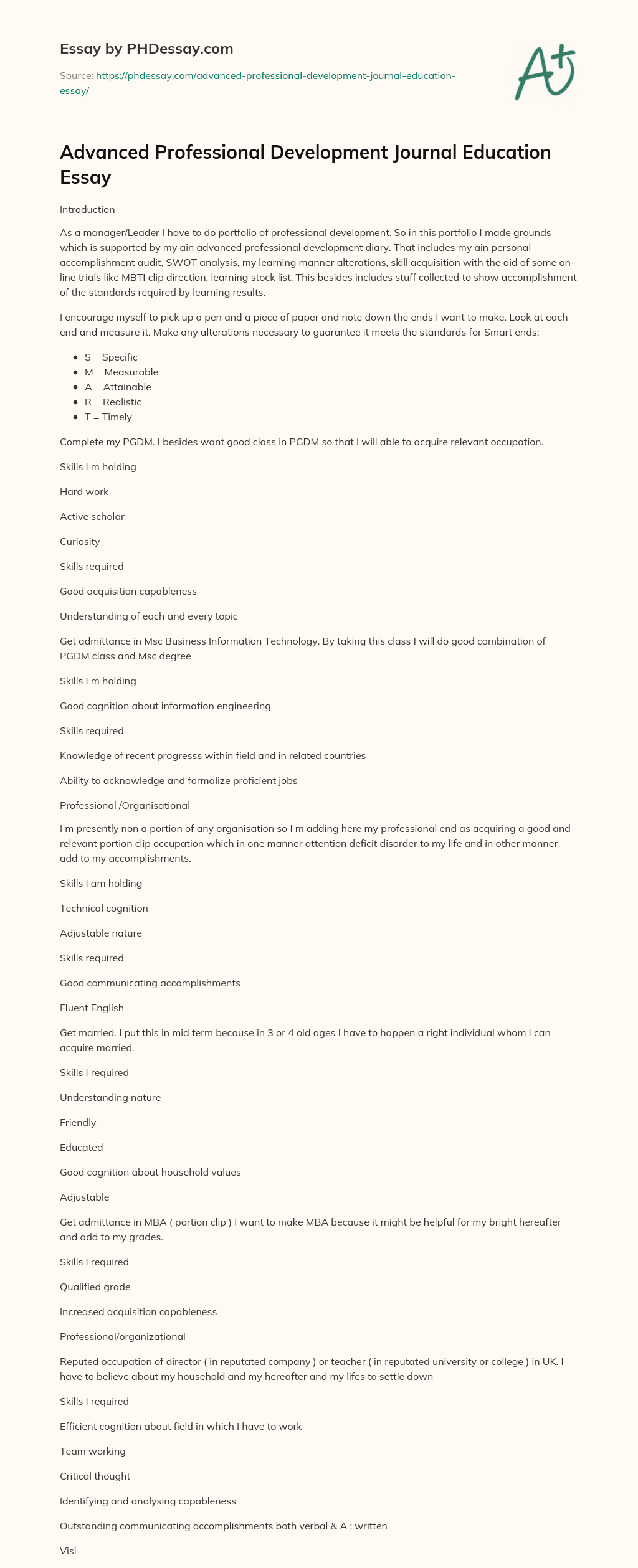 Advanced Professional Development Journal Education Essay essay