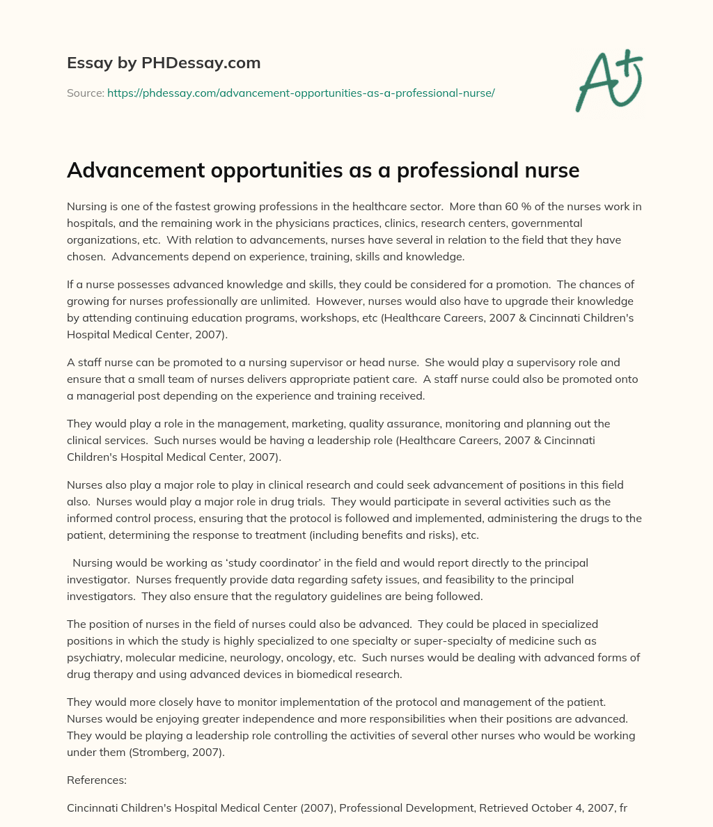 Advancement opportunities as a professional nurse essay
