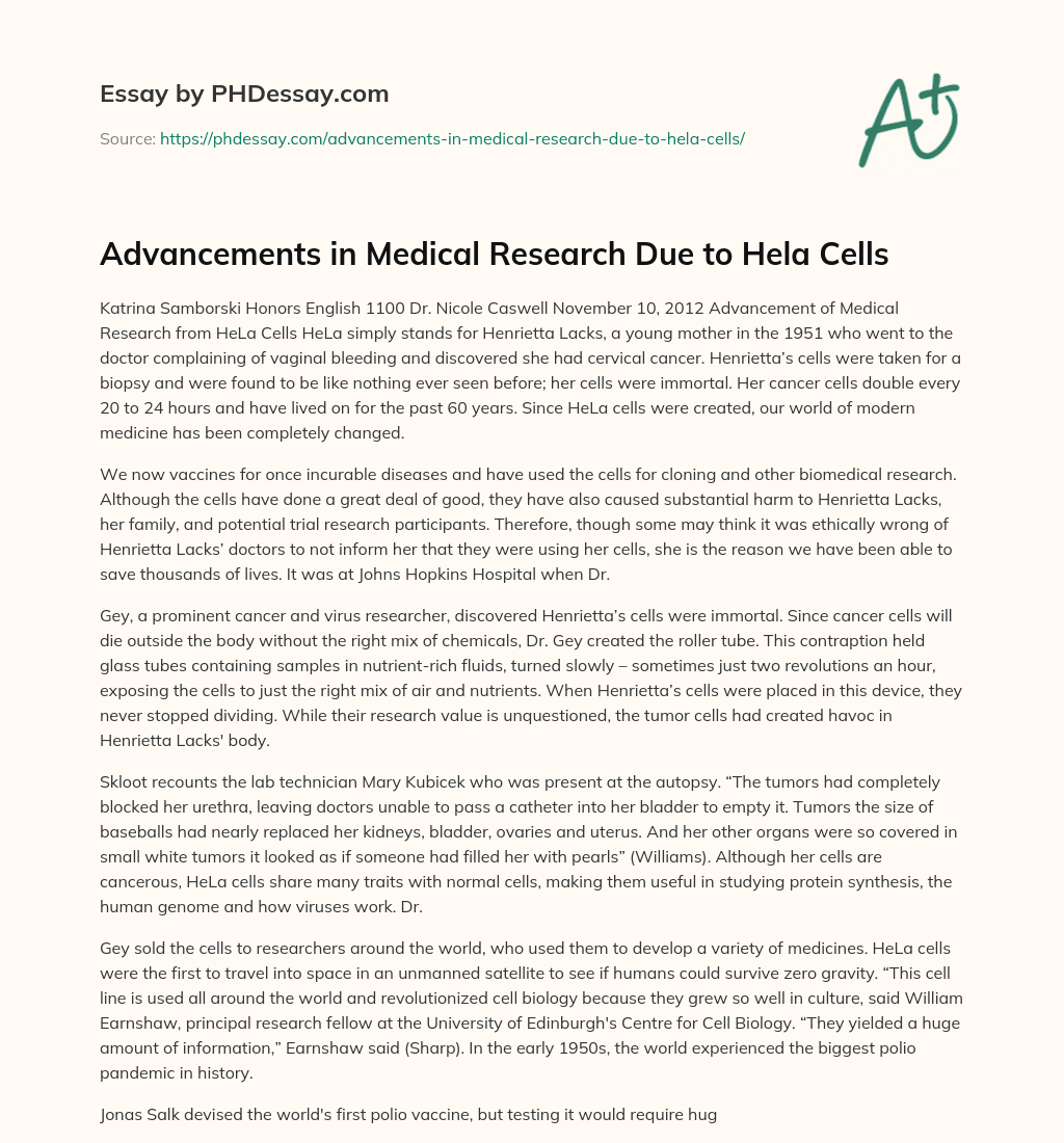 Advancements in Medical Research Due to Hela Cells essay
