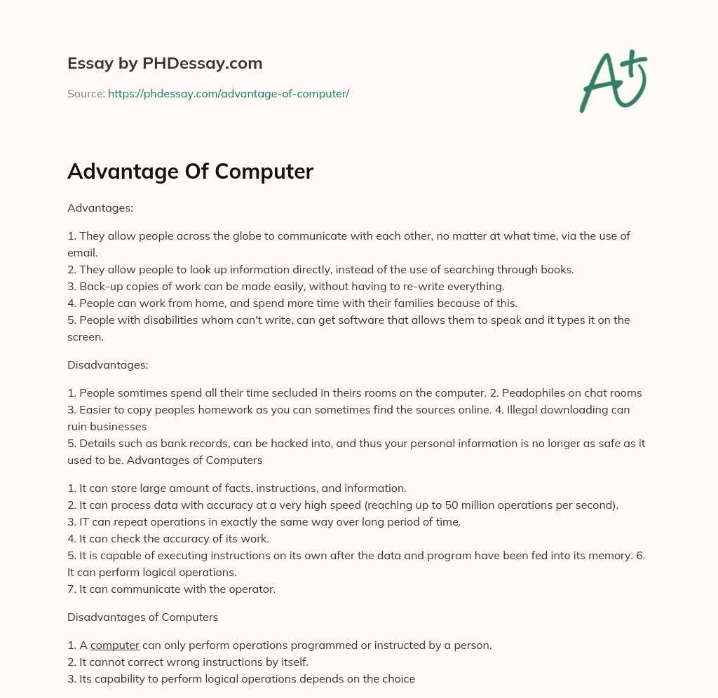 write a essay on advantages of computer