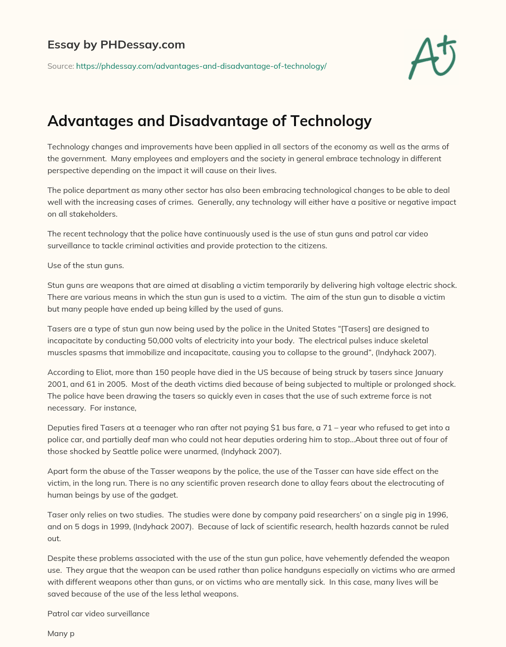 essay about disadvantage of technology