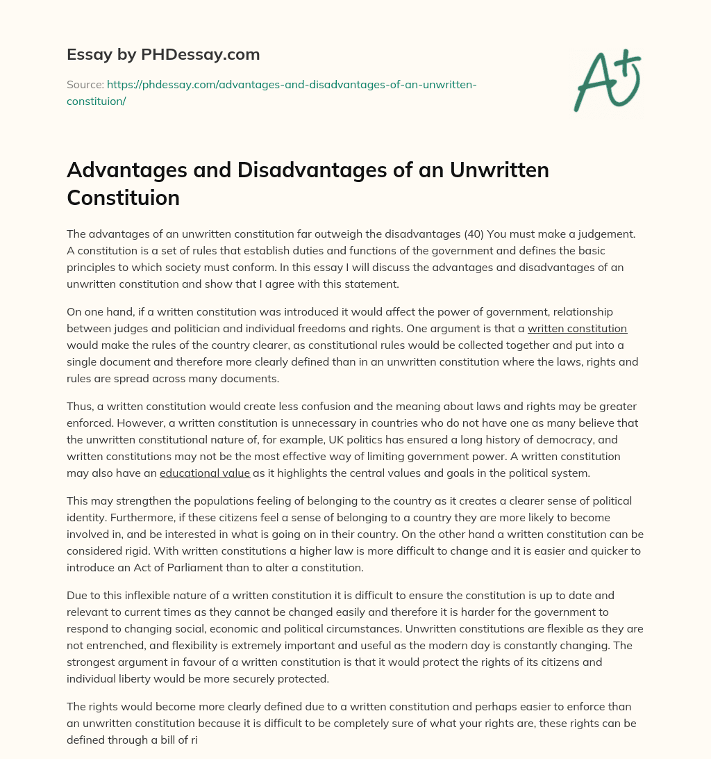 Advantages and Disadvantages of an Unwritten Constituion essay