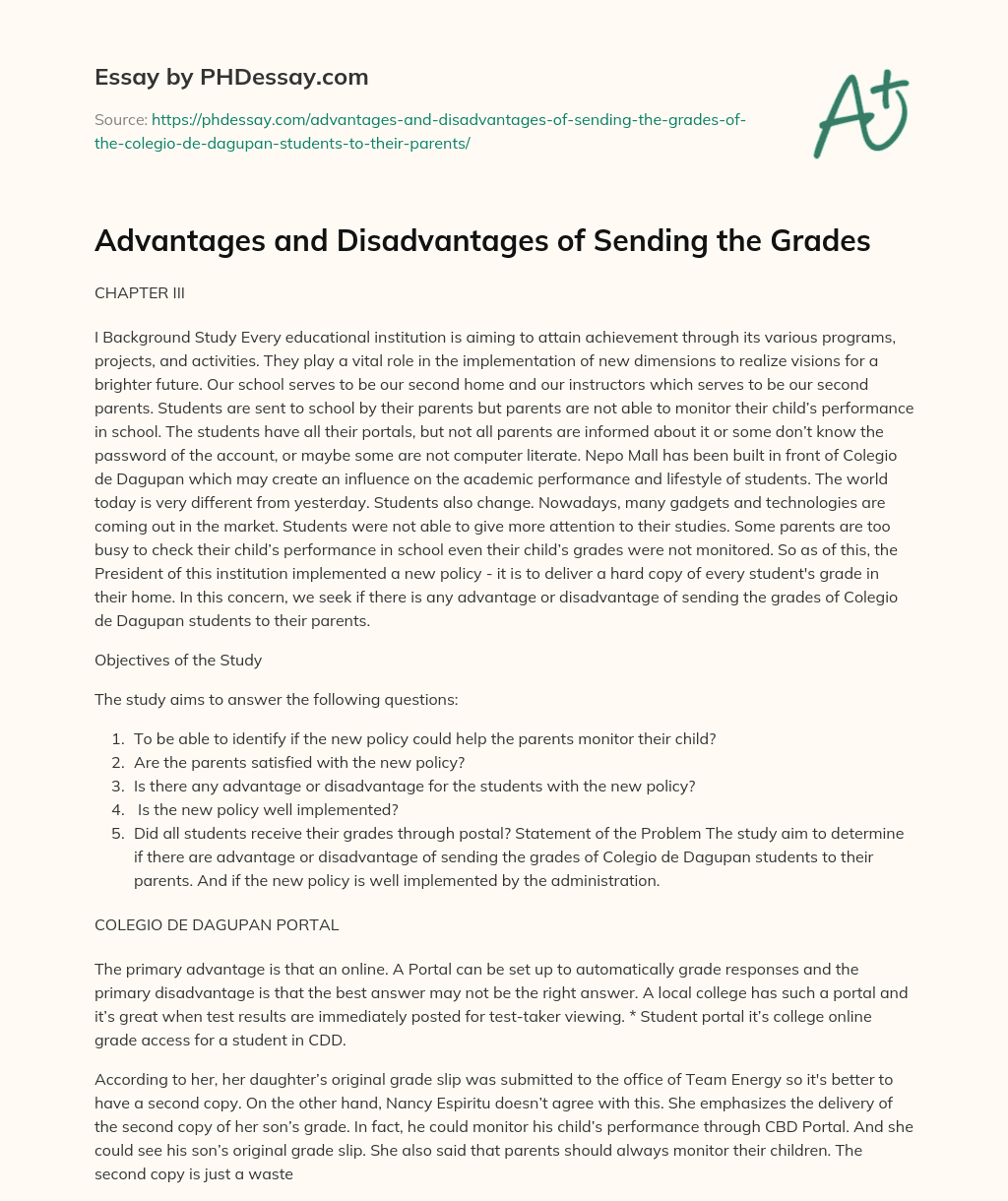 Advantages and Disadvantages of Sending the Grades essay