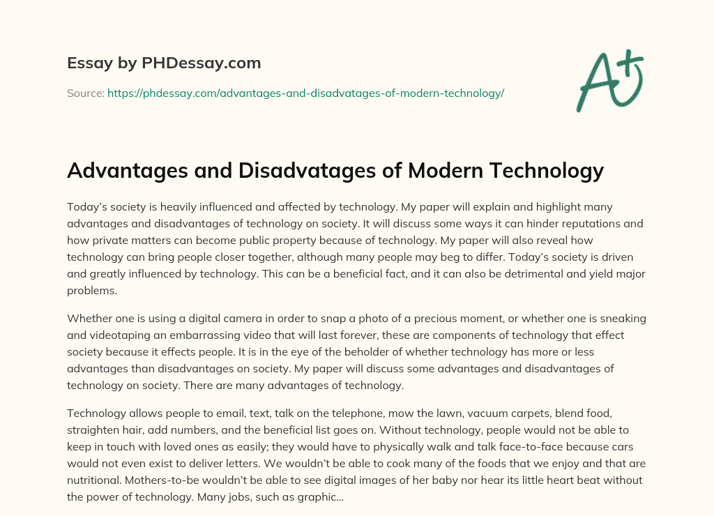 an essay about the advantages and disadvantages of technology