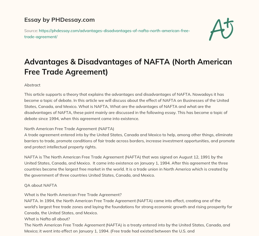 Advantages & Disadvantages of NAFTA (North American Free Trade Agreement) essay