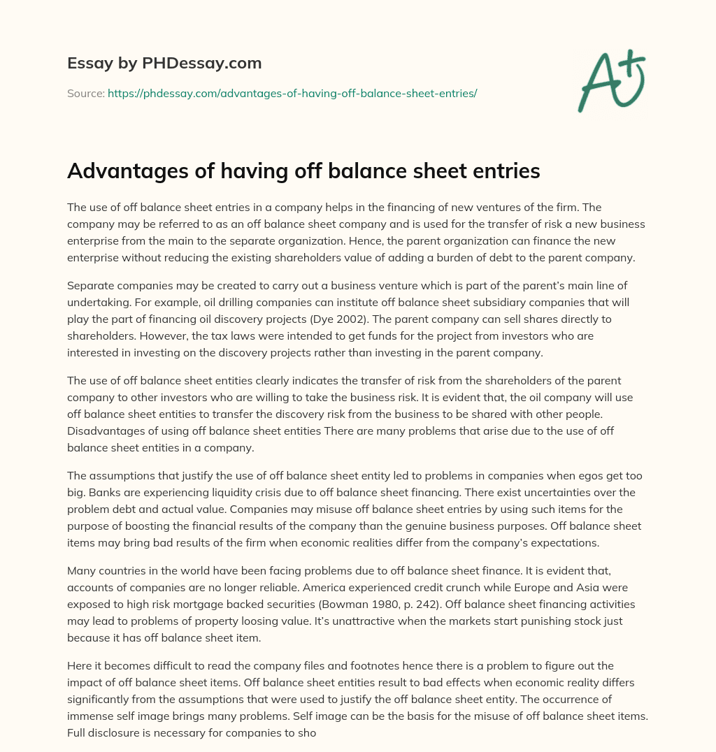 Advantages of having off balance sheet entries essay