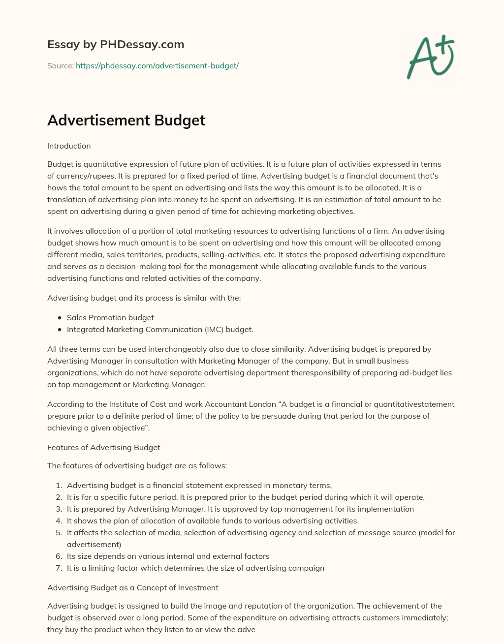 Advertisement Budget essay