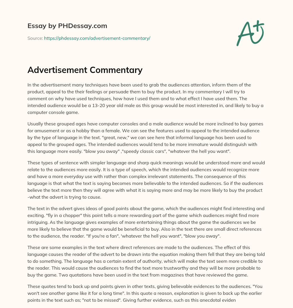 Advertisement Commentary essay