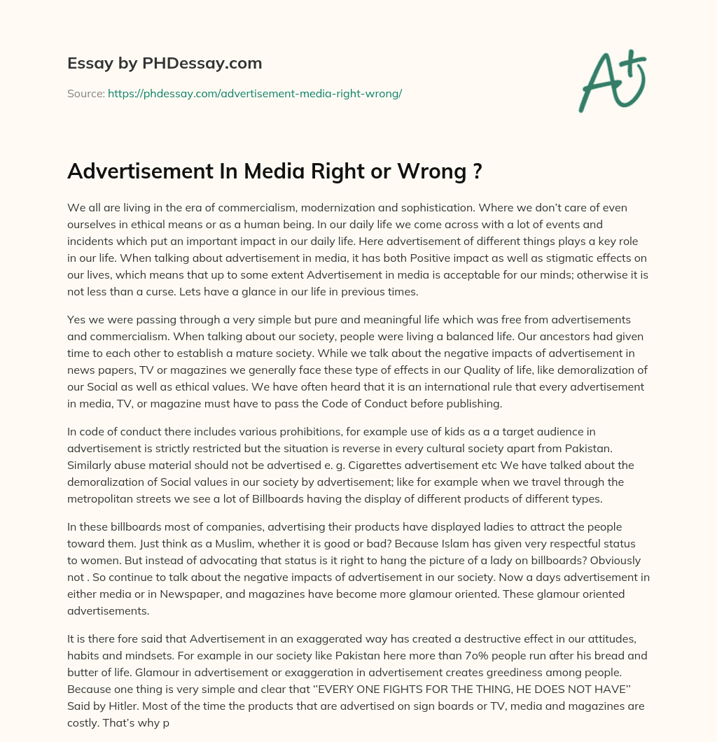 Advertisement In Media Right or Wrong ? essay