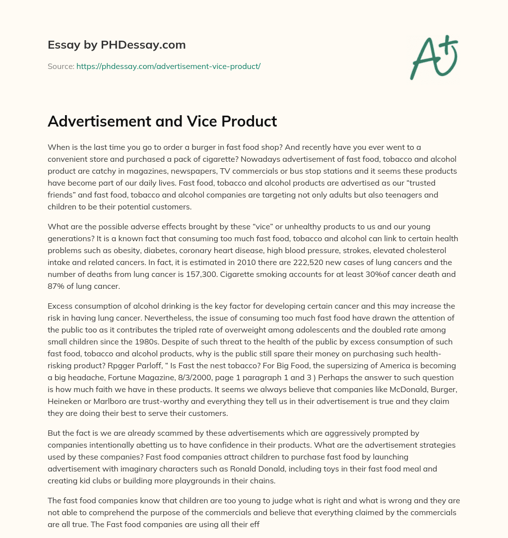Advertisement and Vice Product essay