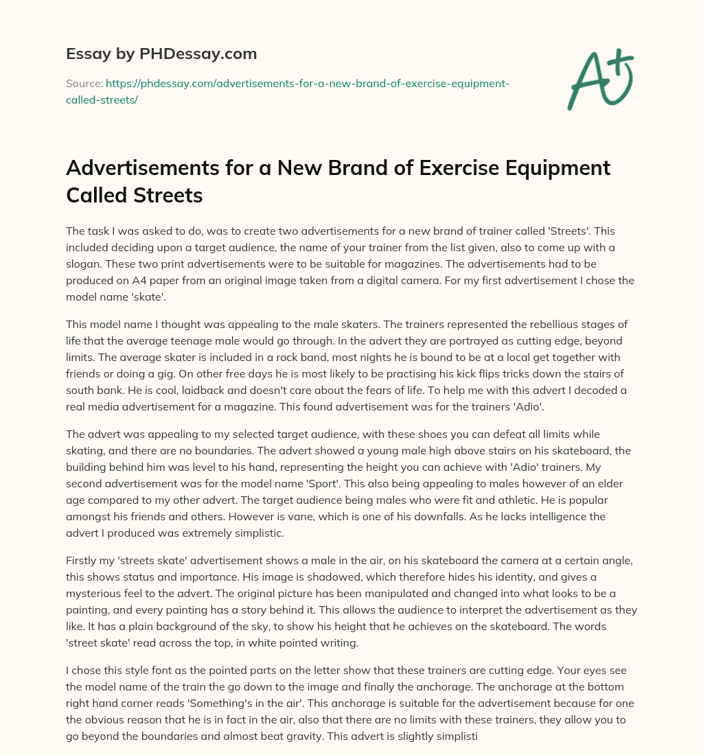 Advertisements for a New Brand of Exercise Equipment Called Streets essay