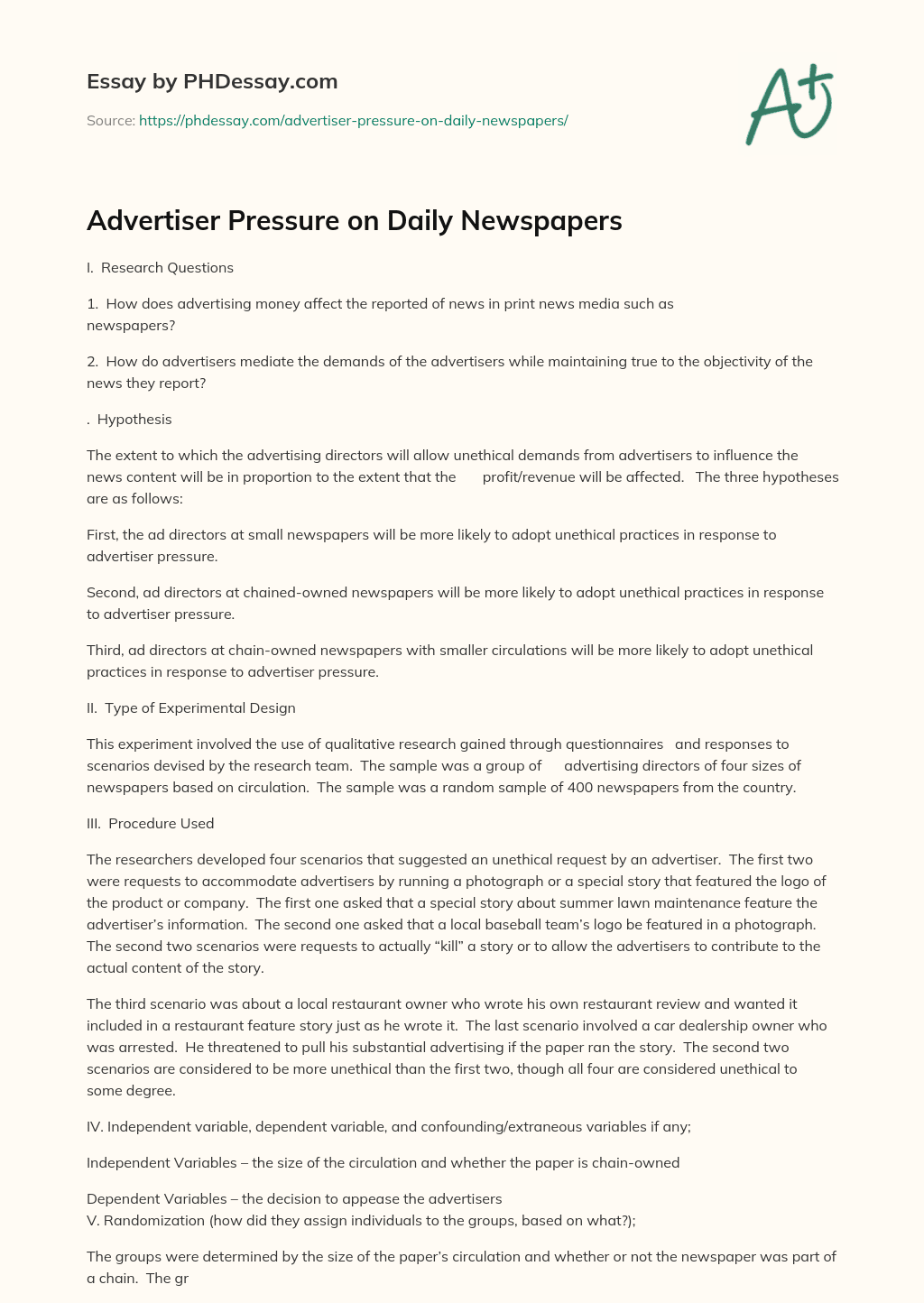 Advertiser Pressure on Daily Newspapers essay
