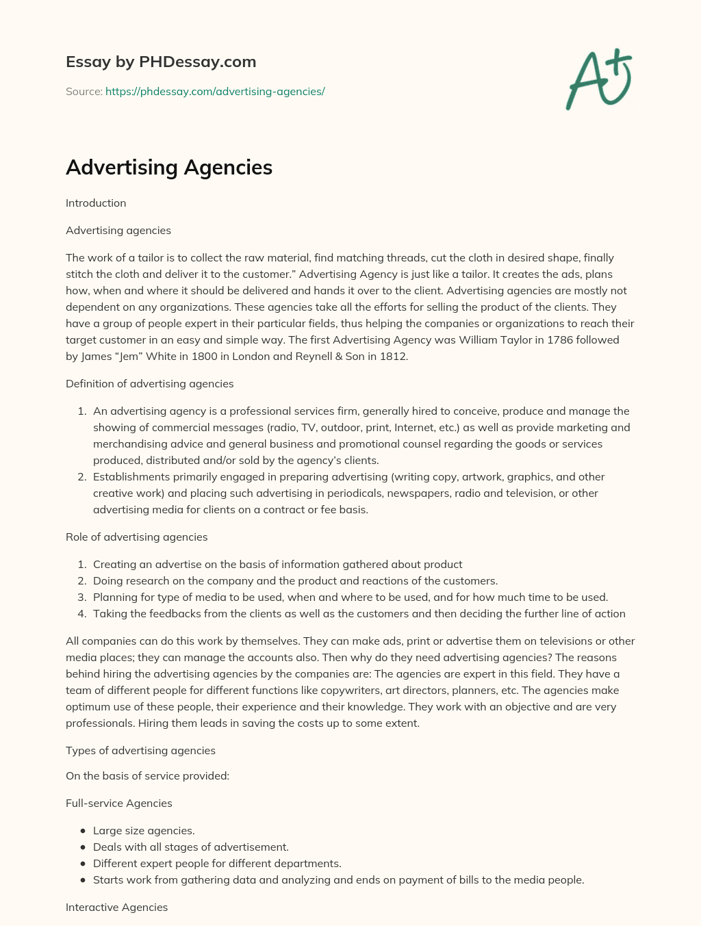 Advertising Agencies essay