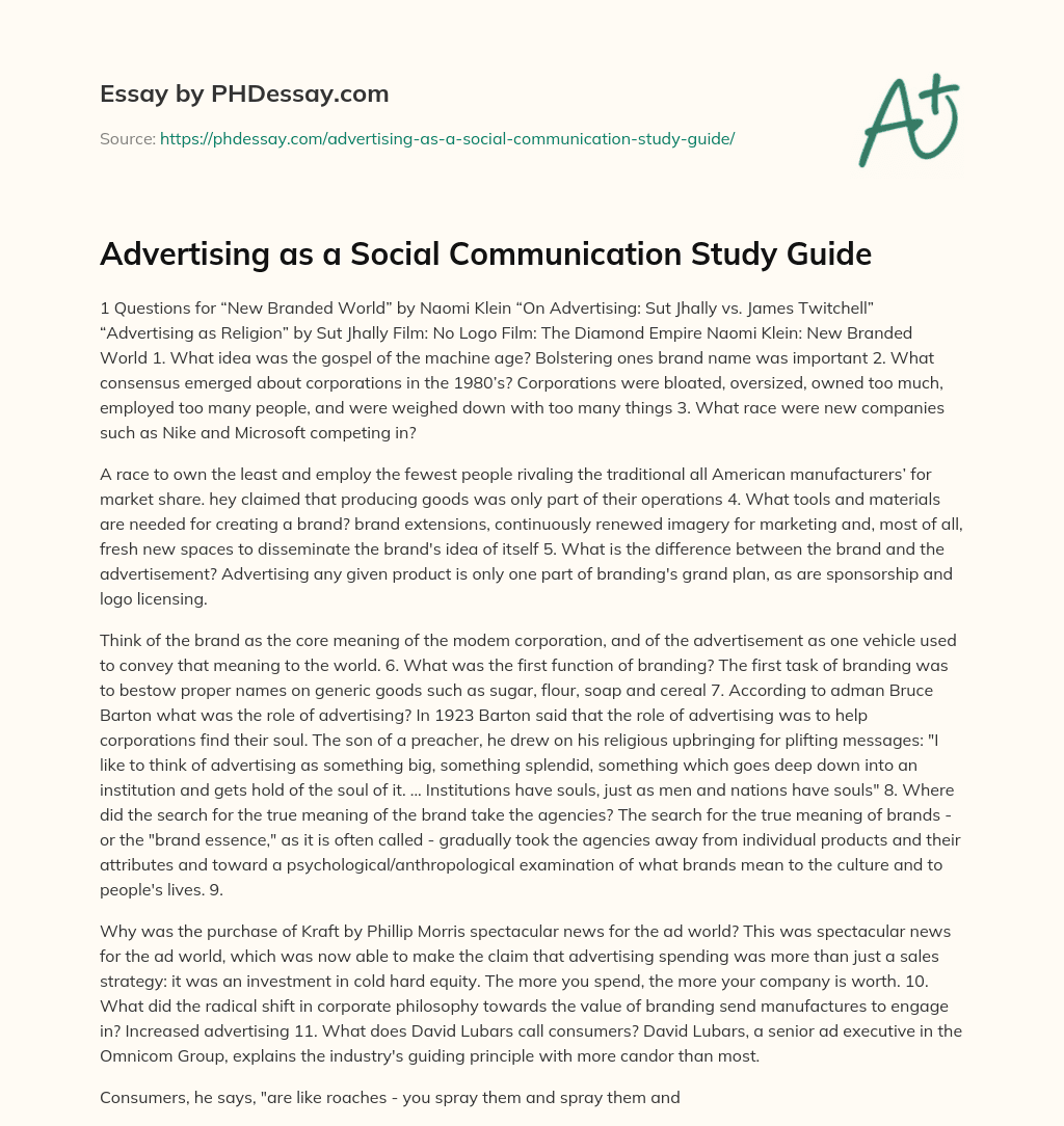 Advertising as a Social Communication Study Guide essay