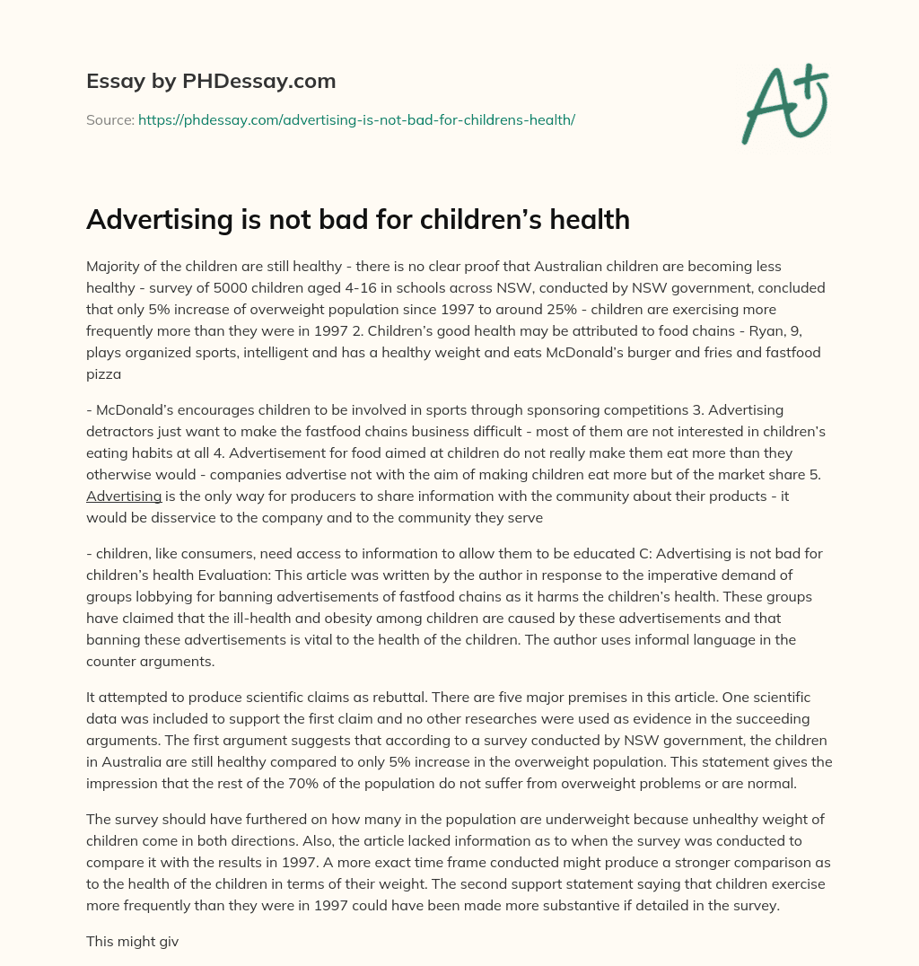 Advertising is not bad for children’s health essay