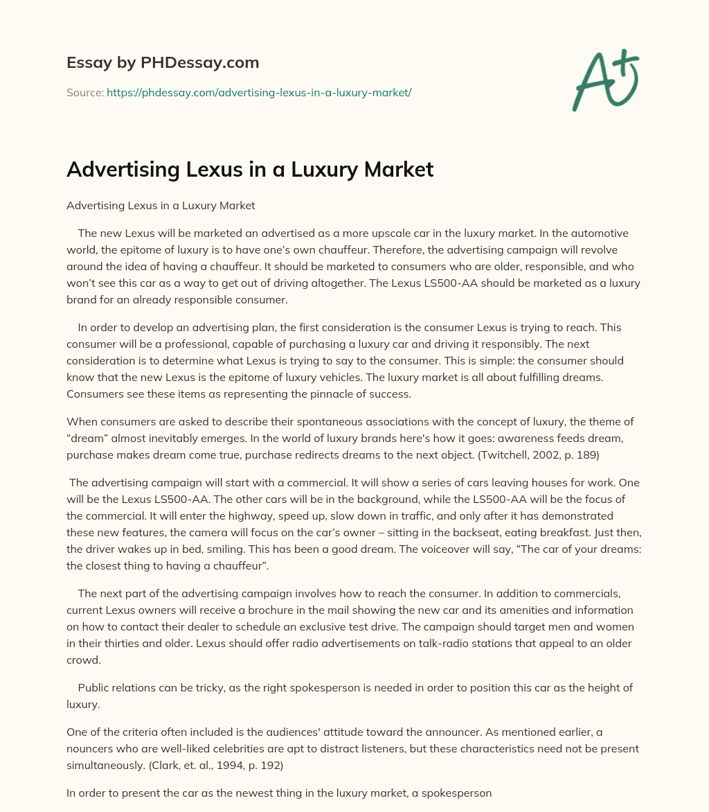 Advertising Lexus in a Luxury Market essay