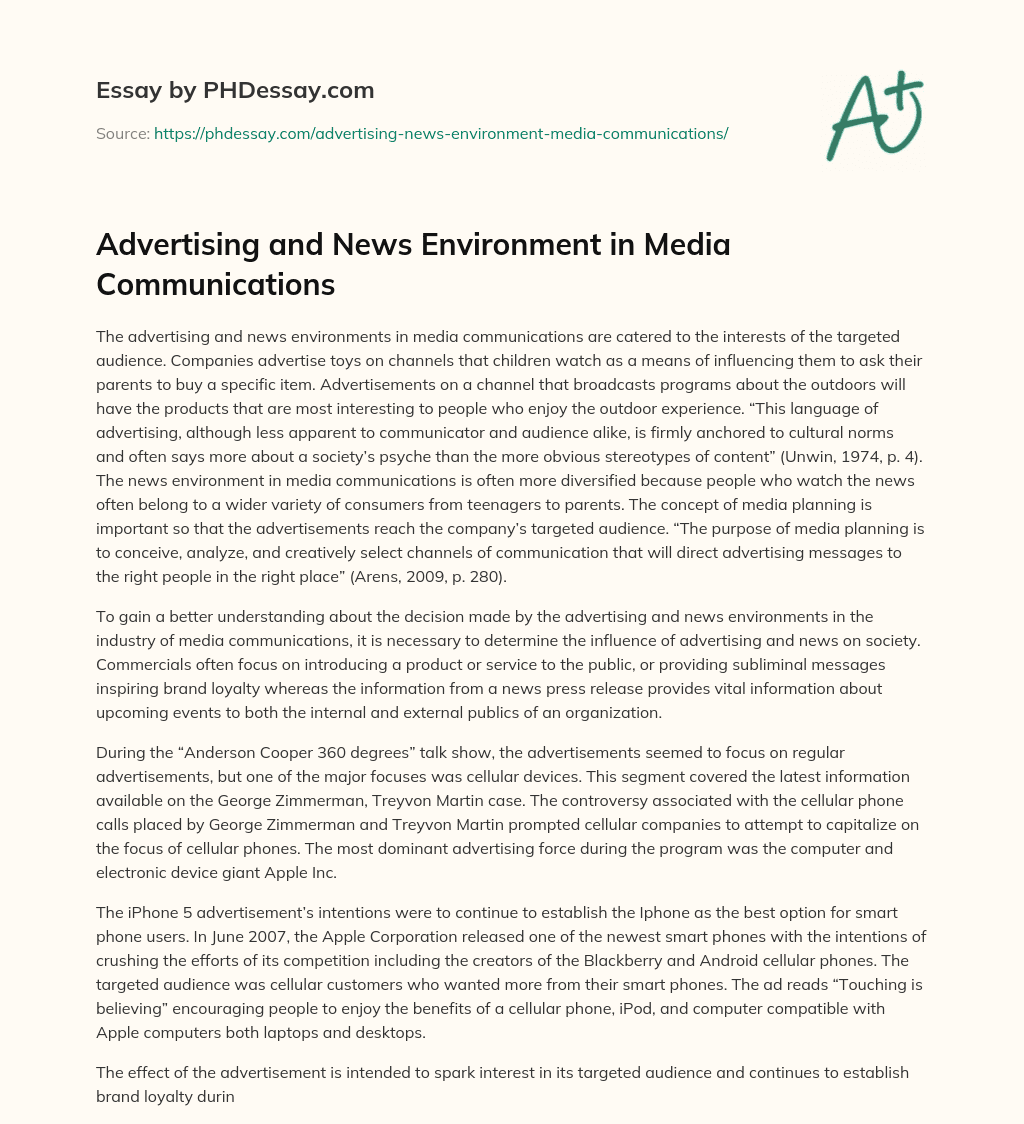 Advertising and News Environment in Media Communications essay