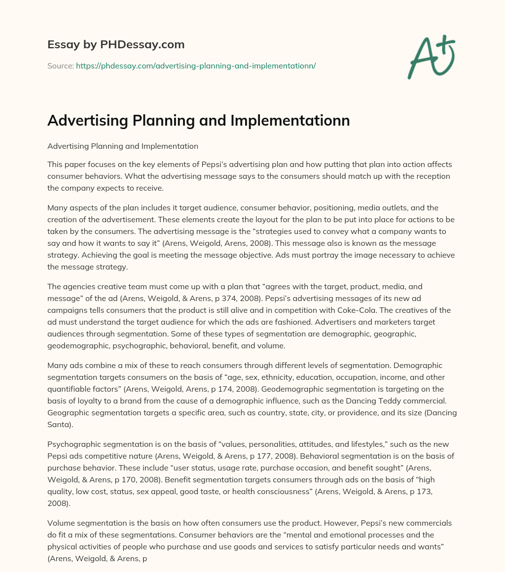 Advertising Planning and Implementationn essay