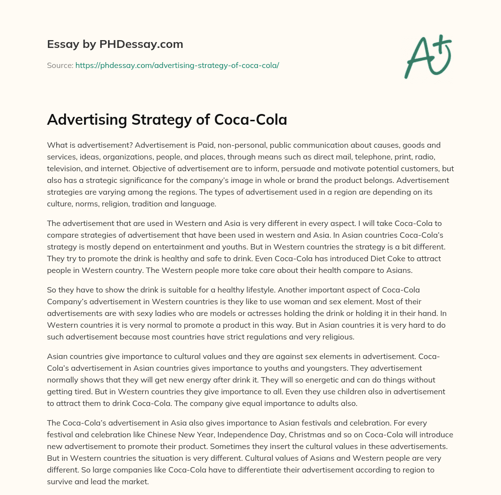 Advertising Strategy of Coca-Cola essay