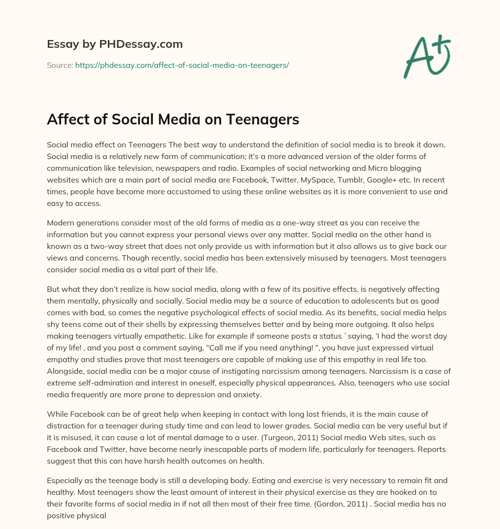 Affect of Social Media on Teenagers essay