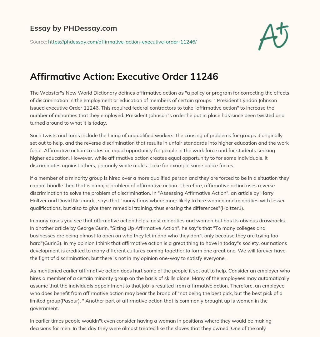 Affirmative Action: Executive Order 11246 essay